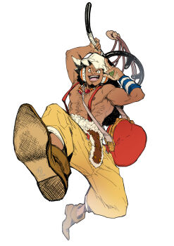 Rule 34 | 1boy, arm up, bag, black hair, bucket hat, dark-skinned male, dark skin, deadjuice, facial hair, full body, goatee, hands up, hat, headphones, highres, holding slingshot, jumping, kinky hair, light-skinned palms, long hair, long nose, male focus, muscular, muscular male, one piece, open mouth, pants, shoulder bag, slingshot (weapon), smile, solo, topless male, usopp, very dark skin, white hat, yellow pants