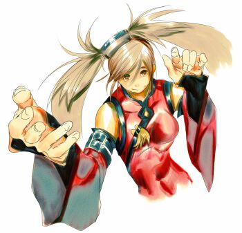 1girl absurdres bare_shoulders breasts brown_eyes brown_hair can china_dress chinese_clothes closed_mouth cropped_torso detached_sleeves dress guilty_gear hair_between_eyes hands_up highres kuradoberi_jam long_hair looking_at_viewer medium_breasts red_dress red_sleeves simple_background smile solo storyteller777 white_background wide_sleeves