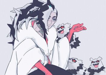 101_dalmatians 1boy black_hair black_pants closed_mouth coat collar cosplay cruella_de_vil cruella_de_vil_(cosplay) eyeshadow frown fur_coat galarian_form galarian_zigzagoon gen_8_pokemon gloves grey_eyeshadow hair_over_one_eye half-closed_eyes long_hair makeup male_focus mikripkm multicolored_hair nintendo pants piers_(pokemon) pink_gloves pokemon pokemon_swsh shirt sitting two-tone_hair white_background white_coat white_hair