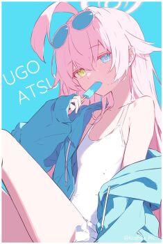 1girl absurdres ahoge aqua_eyes blue_archive blue_eyes commentary_request eyewear_on_head flat_chest food hair_between_eyes halo heterochromia highres holding holding_food holding_popsicle hoshino_(blue_archive) hoshino_(swimsuit)_(blue_archive) jacket koshka_pic long_hair looking_at_viewer making-of_available off_shoulder one-piece_swimsuit open_clothes open_jacket pink_hair popsicle romaji_text sleeves_past_wrists solo sunglasses sweat swimsuit very_long_hair white_one-piece_swimsuit yellow_eyes