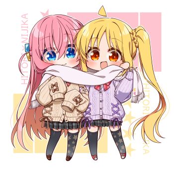 2girls :d ahoge asymmetrical_legwear black_skirt black_thighhighs blonde_hair blue_eyes blush bocchi_the_rock! brown_cardigan brown_shoes cardigan character_name chibi chibi_only chika_(06chimika13) closed_mouth commentary cube_hair_ornament full_body gotoh_hitori hair_between_eyes hair_ornament hand_up ijichi_nijika long_hair long_sleeves looking_at_viewer mismatched_legwear multiple_girls one_side_up open_mouth pink_hair plaid_clothes plaid_skirt pleated_skirt print_thighhighs purple_cardigan red_eyes red_shoes scarf shared_clothes shared_scarf shoes side_ponytail skirt sleeves_past_fingers sleeves_past_wrists smile standing thighhighs white_scarf