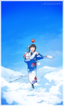 Rule 34 | 1girl, :d, absurdres, bag, black hair, blue kimono, blue sky, closed eyes, cloud, commentary request, floral print, floral print kimono, fubuki (kancolle), fur-trimmed kimono, fur trim, furisode, gradient clothes, handbag, highres, japanese clothes, kantai collection, kimono, ma rukan, obi, open mouth, print kimono, sash, sky, smile, standing, standing on one leg, white bag