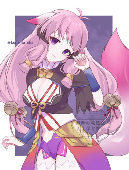 1girl animal_ears bell breasts cleavage closed_mouth commentary_request cosplay fox_ears fox_girl fox_tail hair_bell hair_ornament highres hina_(rune_factory) horns kitsune long_hair medium_breasts misasagi_(rune_factory) misasagi_(rune_factory)_(cosplay) pink_hair potacha purple_eyes rune_factory rune_factory:_guardians_of_azuma tail