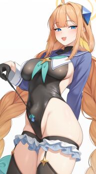 1girl absurdres ahoge aqua_bow aqua_neckerchief arm_behind_back black_gloves black_leotard black_thighhighs blue_archive blue_eyes blue_sailor_collar blue_shrug blue_trim blunt_bangs bow braid breasts commentary covered_collarbone covered_navel diamond_hair_ornament fang frilled_thigh_strap garter_straps gloves groin hair_intakes hair_ornament halo hand_up hayasi_iru head_wings highleg highleg_leotard highres holding holding_riding_crop large_breasts leotard long_sleeves looking_at_viewer low_twin_braids neckerchief no_eyewear official_alternate_costume open_mouth orange_hair riding_crop sailor_collar shimiko_(blue_archive) shimiko_(magical)_(blue_archive) shrug_(clothing) sideboob sidelocks simple_background skin_fang smile solo star_(symbol) super_highleg sweat thigh_strap thighhighs thighs twin_braids white_background white_trim wings yellow_halo