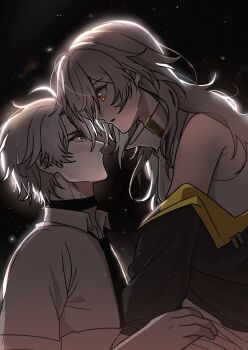 Rule 34 | 1boy, 1girl, absurdres, bare shoulders, black jacket, black necktie, blue eyes, blush, closed mouth, collared shirt, commentary request, couple, from side, girl on top, grey hair, hair between eyes, hetero, highres, honkai: star rail, honkai (series), jacket, korean commentary, leaning back, leaning forward, long hair, looking down, looking up, necktie, nervous, off shoulder, open clothes, open jacket, open mouth, orange eyes, phainon (anan) (honkai: star rail), phainon (honkai: star rail), sellcountrymong, shade, shirt, sitting, sitting on person, sky, sleeveless, space, star (sky), starry sky, stelle (honkai: star rail), stelle (world tour 2023) (honkai: star rail), trailblazer (honkai: star rail), upper body, wavy hair, white hair, white shirt, wide-eyed