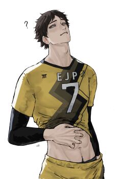 1boy ? abs adam&#039;s_apple aged_up brown_hair closed_mouth clothes_lift commentary cowboy_shot english_commentary fang freaka_loonyz groin haikyuu!! hand_under_clothes hand_under_shorts head_back highres layered_sleeves long_sleeves looking_to_the_side male_focus multicolored_clothes shirt_lift short_hair short_over_long_sleeves short_sleeves shorts sideways_glance simple_background solo sportswear standing suna_rintarou toned toned_male volleyball_uniform white_background yellow_eyes