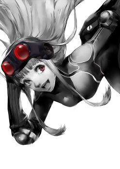 1girl :d arm_up black_bodysuit blazpu bodysuit breasts elbow_pads floating_hair goggles goggles_on_head greyscale hair_spread_out highres long_hair looking_at_viewer monochrome night_vision open_mouth oracle_(persona_5) persona persona_5 purple_eyes sakura_futaba simple_background small_breasts smile solo spot_color upper_body white_background