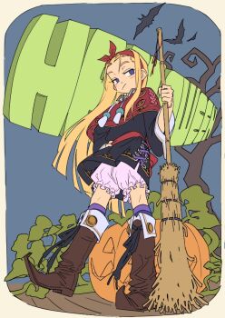 1girl :/ bare_tree bat_(animal) blonde_hair bloomers blue_eyes boots broom commentary_request dress full_body hairband halloween holding holding_broom jack-o'-lantern long_hair looking_at_viewer okuribi original pumpkin shawl solo tree underwear