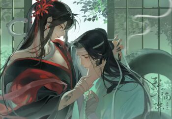 2boys alternate_hairstyle animal animal_in_clothes artist_request bare_shoulders beads black_hair black_hanfu black_nails black_robe chinese_clothes closed_eyes closed_mouth commission day earrings fang fang_out fingernails flower from_side grey_eyes hair_bun hair_flower hair_ornament half_updo hand_in_another's_hair hand_on_another's_face hanfu headband highres holding_another's_wrist hug indoors jewelry kemonomimi_mode lamia_boy lan_wangji long_hair long_sleeves looking_at_another male_focus modao_zushi monster_boy monsterification multiple_boys nail_polish off_shoulder profile red_flower red_shawl robe scales second-party_source sharp_fingernails shawl single_bare_shoulder sliding_doors smile smoke snake snake_boy spider_lily tassel tassel_hair_ornament tree upper_body watermark wei_wuxian white_hanfu white_headband white_robe white_snake wide_sleeves yaoi