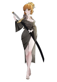 Rule 34 | 1girl, absurdres, black kimono, blonde hair, breasts, cleavage, closed mouth, commentary, crossed legs, flip-flops, full body, hair bun, hand up, highres, ishmael (project moon), jambonabackgoom, japanese clothes, katana, kimono, kurokumo clan (identity) (project moon), large breasts, legs, limbus company, looking at viewer, off shoulder, official alternate costume, orange eyes, print kimono, project moon, sandals, scabbard, sheath, sheathed, shoulder tattoo, simple background, solo, sword, tattoo, untranslatable commentary, watson cross, weapon, white background