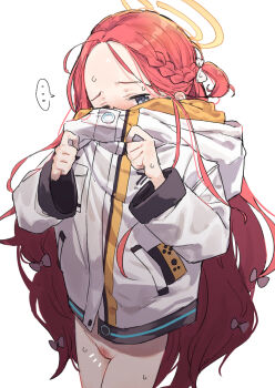 ... 1girl blue_archive blue_eyes blush bottomless braid embarrassed female_pubic_hair forehead halo highres jacket ketsu_anago loli long_hair long_sleeves naked_jacket notice_lines one_side_up pubic_hair red_hair simple_background solo speech_bubble spoken_ellipsis sweat very_long_hair white_background white_jacket yellow_halo yuzu_(blue_archive)