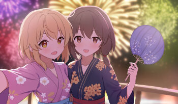 Rule 34 | 2girls, absurdres, alternate costume, black kimono, blonde hair, blush, brown eyes, brown hair, cherry blossom print, facing viewer, festival, fireworks, floral print, hair between eyes, hair ribbon, hand fan, happy, highres, holding, holding fan, japanese clothes, kimono, maribel hearn, multiple girls, night, no headwear, obi, open mouth, purple kimono, railing, red ribbon, ribbon, sash, selfie, shiro (user 1048334293), short hair, short sleeves, standing, teeth, touhou, upper teeth only, usami renko, yellow eyes, yukata