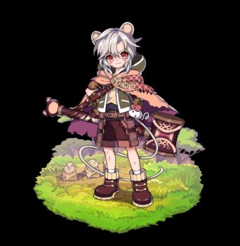 1boy :3 animal animal_ears belt black_background blush_stickers boots brown_belt brown_boots brown_cloak brown_shorts child cloak full_body green_hood grey_hair hair_between_eyes hammer hands_on_own_hips holding holding_hammer hood hooded_jacket jacket merc_storia merc_storia_art_team mole_(animal) mouse_boy mouse_ears mouse_tail official_art red_eyes short_hair shorts sidelocks simple_background smile socks solo standing tachi-e tail timid_(merc_storia) tree two-sided_cloak two-sided_fabric v-shaped_eyebrows white_socks