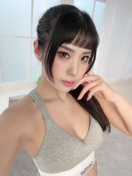 1girl asian bare_arms bare_shoulders black_hair bra breasts fingernails highres japanese_(nationality) lips long_hair looking_at_viewer model photo_(medium) ponytail ririkana small_breasts solo thighs underwear underwear_only