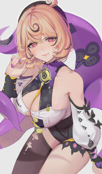 1girl asymmetrical_shorts bare_shoulders beret black_bow black_hat black_shorts blonde_hair blurry blurry_background blush bow breasts button_gap closed_mouth collarbone commentary cowboy_shot cowlick detached_sleeves english_commentary grey_background hand_up hat high-waist_shorts highres large_breasts looking_at_viewer mole mole_under_mouth monster_girl purple_eyes purple_nails scylla shadow shirt shirt_tucked_in short_hair shorts single_thighhigh smile solo suction_cups tentacle_girl tentacle_tail thighhighs torn_clothes torn_thighhighs white_shirt white_sleeves yidhari_murphy zenless_zone_zero ziiiing