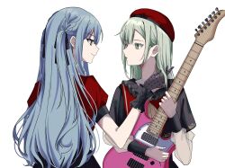 2girls ascot bang_dream! bang_dream!_it&#039;s_mygo!!!!! beret black_capelet black_collar black_gloves black_ribbon black_skirt black_sleeve_cuffs blue_hair braid bucishiro capelet closed_mouth collar colored_eyelashes eye_contact fingernails frilled_collar frilled_wrist_cuffs frills gloves green_hair guitar hair_between_eyes hand_up hat highres holding holding_another&#039;s_hair holding_guitar holding_instrument instrument long_hair long_sleeves looking_at_another looking_to_the_side mortis_(bang_dream!) mortis_(costume)_(bang_dream!) multiple_girls no_mask oblivionis_(bang_dream!) parted_lips profile puffy_short_sleeves puffy_sleeves red_capelet red_hat red_shirt ribbon ribbon_hair see-through_clothes see-through_gloves see-through_sleeves shirt short_sleeves side_braids sidelocks simple_background single_stripe skirt striped_capelet swept_bangs togawa_sakiko two_side_up upper_body very_long_hair wakaba_mutsumi white_background wrist_cuffs yellow_ascot yellow_eyes