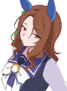 1girl :/ animal_ears bow bowtie brown_hair closed_mouth commentary_request danboru_(jdanboru1182) ear_covers expressionless highres horse_ears horse_girl horseshoe_ornament king_halo_(umamusume) long_hair looking_at_viewer purple_sailor_collar purple_shirt red_eyes sailor_collar school_uniform shirt simple_background sketch solo tracen_school_uniform umamusume upper_body white_background white_bow white_bowtie