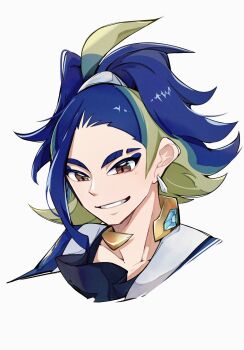 1boy adaman_(pokemon) blue_hair brown_eyes cocoa_s3 commentary earrings green_hair highres jewelry looking_at_viewer male_focus multicolored_hair nintendo pokemon pokemon_legends:_arceus smile solo symbol-only_commentary two-tone_hair white_background