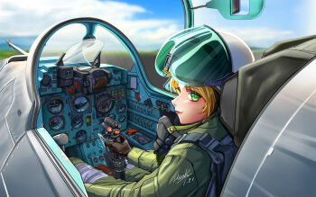 1girl absurdres aircraft airplane blonde_hair chair close-up cockpit controller dated flight_suit g-suit green_eyes green_jumpsuit gunsight helmet highres holding holding_stick hunk03 jet joystick jumpsuit looking_at_viewer mask military_vehicle on_chair open_cockpit oxygen_mask pilot pilot_helmet pilot_suit sideways_glance signature sitting solo stick su-25 unworn_mask war_thunder