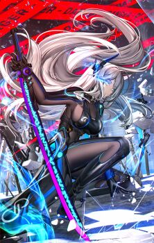 1girl absurdres arm_support black_bodysuit black_gloves blue_background blue_eyes bodystocking bodysuit breasts broken_glass cleavage closed_mouth commentary crack cracked_floor debris dutch_angle electricity energy eye_trail floating_hair glass glass_shards gloves glowing glowing_eyes glowing_sword glowing_weapon gradient_background grey_hair hand_up headgear heatia highres holding holding_sword holding_weapon large_breasts lens_flare light_particles light_trail long_hair looking_ahead multiple_swords neck_armor on_one_knee original planted planted_sword planted_weapon science_fiction see-through_cleavage see-through_clothes sideboob sidelocks solo sword very_long_hair weapon