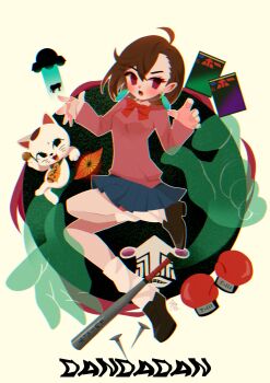 1girl abduction alien animal ayase_momo ball baseball_bat blue_skirt blush book bow bowtie boxing_gloves brown_eyes brown_hair cat copyright_name cow dandadan earrings full_body ghost hashtag-only_commentary highres holding holding_ball jewelry long_sleeves looking_at_viewer loose_socks miniskirt open_hands open_mouth pink_sweater pleated_skirt red_bow red_bowtie school_uniform serpo_(dandadan) shoes short_hair skirt socks sweater tractor_beam turbo_granny_(dandadan) ufo white_socks yorita_genyu