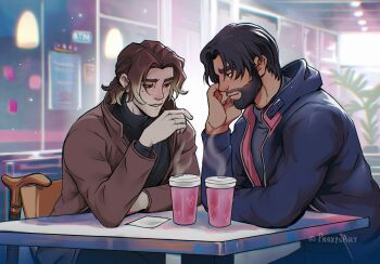 Rule 34 | 2boys, arcane: league of legends, arcane survivor jayce, beard, black shirt, brown coat, brown eyes, brown hair, cane, chair, coat, commentary, contemporary, cup, disposable coffee cup, disposable cup, elbow on table, english commentary, facial hair, highres, hood, hooded jacket, jacket, jayce (league of legends), layered sleeves, league of legends, long sleeves, male focus, multiple boys, open clothes, open coat, open jacket, parted hair, parted lips, plant, proxysart, shirt, sitting, smile, steam, thick eyebrows, turtleneck, twitter username, viktor (arcane), viktor (league of legends), yaoi