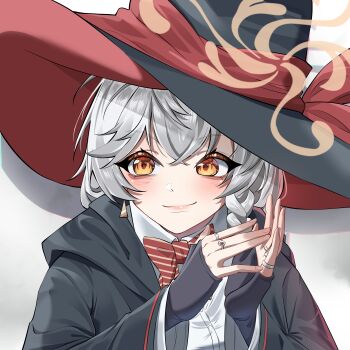 1girl absurdres black_coat black_hat blue_archive blush bow bowtie braid coat collared_shirt commentary commission english_commentary eri_(blue_archive) halo hat highres jewelry lips looking_at_viewer mixed-language_commentary multiple_rings nebura_nekoshima open_clothes open_coat orange_eyes orange_halo red_bow red_bowtie ring shadow shirt solo striped_bow striped_bowtie striped_clothes vgen_commission white_background white_hair white_shirt witch_hat yellow_bow yellow_bowtie