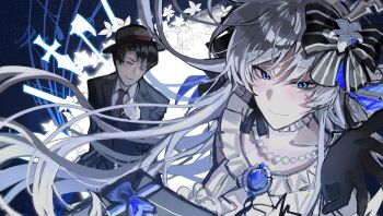 1boy 1girl angelica_(project_moon) axe black_gloves blue_eyes blue_gemstone brooch closed_mouth collared_shirt floating_hair gem gloves hat highres jewelry library_of_ruina long_hair meow215211 necklace necktie pearl_necklace project_moon red_necktie roland_(project_moon) shirt smile sword upper_body very_long_hair weapon white_hair white_shirt