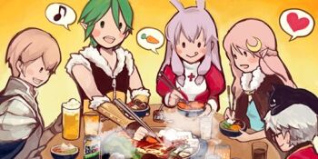 Rule 34 | 2girls, 3boys, :q, alcohol, animal, animal ears, animal on head, armor, beer, beer mug, black cat, black shirt, bowl, brown cape, brown gloves, brown hair, cape, cat, cat on head, chopsticks, closed mouth, commentary request, crescent, crescent hair ornament, cup, dress, fingerless gloves, fur-trimmed gloves, fur-trimmed shirt, fur trim, glasses, gloves, gobaku no hito, green hair, grey hair, hair ornament, heart, high priest (ragnarok online), high wizard (ragnarok online), holding, holding chopsticks, hotpot, juliet sleeves, long hair, long sleeves, looking at viewer, mug, multiple boys, multiple girls, musical note, on head, open mouth, paladin (ragnarok online), pauldrons, pink hair, pointy ears, puffy sleeves, purple hair, rabbit ears, rabbit girl, ragnarok masters, ragnarok online, red dress, shirt, short hair, shoulder armor, sleeveless, sleeveless shirt, smile, sniper (ragnarok online), solid circle eyes, spoken heart, spoken musical note, steam, table, tongue, tongue out, two-tone dress, two-tone shirt, upper body, white dress, yellow background, yellow shirt