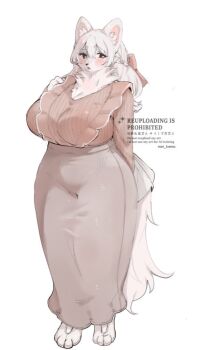 1girl 2025 blush breasts english_text furry furry_female grey_fur grey_hair huge_breasts mei_kemo snout solo standing tail white_background wolf