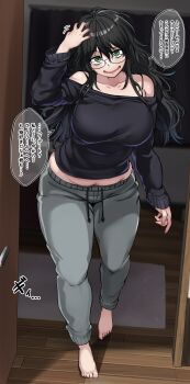 1girl absurdres arm_at_side arm_up bare_shoulders barefoot belly black_hair black_sweater blush breasts door drawstring freckles full_body glasses green_eyes grey_pants hair_between_eyes hair_over_shoulder hand_on_own_head head_tilt highres huge_breasts indoors jimiko long_hair long_sleeves looking_at_viewer maki_ikazuya messy_hair midriff_peek mojyo off-shoulder_sweater off_shoulder open_door open_mouth original paid_reward_available pants raised_eyebrow scratching scratching_head smile solo sweater sweatpants toes translation_request very_long_hair walking wooden_floor