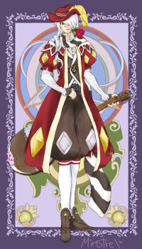 1boy acoustic_guitar black_scarf borozoukin brown_pants brown_shoes brown_vest cavalier_hat closed_mouth coat commentary_request flower flower_in_mouth full_body green_eyes guitar hair_over_one_eye hair_over_shoulder hat holding holding_instrument instrument long_hair looking_at_viewer male_focus minstrel_(ragnarok_online) pants pants_tucked_in plume poring purple_background ragnarok_online red_coat red_flower red_hat red_rose rose scarf shirt shoes socks solo standing striped_clothes striped_scarf vest white_hair white_scarf white_shirt white_socks