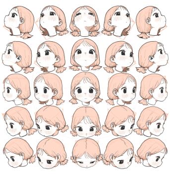 1girl 25_perspective_box_exercise absurdres alternate_hair_length alternate_hairstyle bangs_pinned_back blush braid expressionless forehead guide hair_bobbles hair_bun hair_ornament hair_ribbon hairclip highres looking_at_viewer low_twintails multiple_expressions multiple_views orange_hair original ponytail possummachine ribbon short_ponytail simple_background twintails white_background