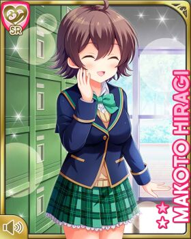 Rule 34 | 1girl, :d, ahoge, bow, bowtie, brown eyes, brown hair, card (medium), character name, closed eyes, girlfriend (kari), green bow, green bowtie, green skirt, hand on own face, hiragi makoto (girlfriend (kari)), indoors, official art, open mouth, plaid clothes, plaid skirt, pleated skirt, qp:flapper, school, school uniform, short hair, skirt, smile, socks, solo, standing, window