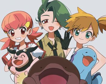 3girls ;d asymmetrical_hair black_gloves black_necktie blush clodsire closed_mouth collared_shirt ear_piercing earrings eyelashes gen_2_pokemon gloves green_eyes green_hair hair_ornament hair_tie hand_up jewelry long_hair looking_at_viewer miltank misty_(pokemon) multiple_girls necktie nintendo one_eye_closed open_mouth orange_hair piercing pink_hair pokemon pokemon_hgss pokemon_lgpe pokemon_sv ponytail quagsire red_eyes rika_(pokemon) shirt short_hair side_ponytail sleeveless sleeveless_shirt smile suspenders tank_top teeth twintails whitney_(pokemon) wink yellow_shirt yellow_tank_top yunme