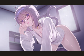 Rule 34 | 1girl, :p, ahoge, all fours, animal collar, animal ears, black collar, blurry, blurry background, blush, bottomless, breasts, cat ears, cat girl, cat tail, cleavage, collar, collared shirt, commentary request, dress shirt, glasses, highres, hololive, indoors, looking at viewer, naked shirt, neck ribbon, nekomata okayu, nekomata okayu (oversized shirt), official alternate costume, paw pose, purple eyes, purple hair, purple ribbon, ratsuku kinoko, ribbon, shirt, short hair, solo, tail, tongue, tongue out, virtual youtuber, white shirt