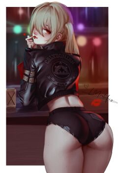 1girl absurdres ass back bekus black_jacket black_shorts blonde_hair blurry blurry_background border closed_mouth cowboy_shot cropped_jacket depth_of_field from_behind hair_between_eyes heart highres jacket long_hair looking_at_viewer looking_back luciana_de_montefio micro_shorts missing_headwear red_eyes shorts side_ponytail signature solo standing thighs white_border zenless_zone_zero