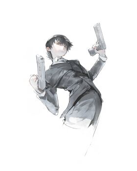 1boy absurdres asymmetrical_hair black_hair closed_mouth collared_shirt cropped_legs death_the_kid dual_wielding formal_clothes grey_jacket grey_pants grey_suit gun handgun highres holding holding_gun holding_weapon jacket kanji_(nievart) layered_sleeves long_sleeves looking_to_the_side male_focus multicolored_hair pants shirt short_hair sideways_glance simple_background solo soul_eater streaked_hair suit suit_jacket weapon white_background white_shirt wing_collar yellow_eyes