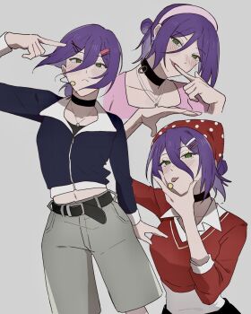 1girl alternate_costume belt black_belt black_choker black_jacket black_shirt blush chainsaw_man choker collared_shirt commentary_request cow dalsan110 earrings finger_to_mouth green_eyes grenade_pin grey_background grey_shorts hair_between_eyes hair_bun hair_ornament hairband hairclip hand_on_own_chin headscarf headset highres jacket jewelry korean_commentary looking_at_viewer midriff multiple_views navel necklace pink_hairband pink_shirt pointing pointing_at_self purple_hair red_sweater reze_(chainsaw_man) shirt shorts solo sweater tongue tongue_out updo upper_body white_shirt