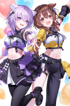 Rule 34 | 2girls, ahoge, animal ear fluff, animal ears, arm up, asymmetrical legwear, asymmetrical shirt, balloon, black boots, black pants, black pantyhose, black skirt, blush, boots, braid, breasts, brown eyes, brown hair, cat ears, cat girl, cat tail, commentary request, dog ears, dog girl, dog tail, hair between eyes, highres, hololive, inugami korone, karanashi noma, looking at viewer, medium breasts, medium hair, midriff, multiple girls, navel, nekomata okayu, open mouth, pants, pantyhose, purple eyes, purple hair, purple shirt, shirt, skirt, smile, standing, standing on one leg, stomach, tail, twin braids