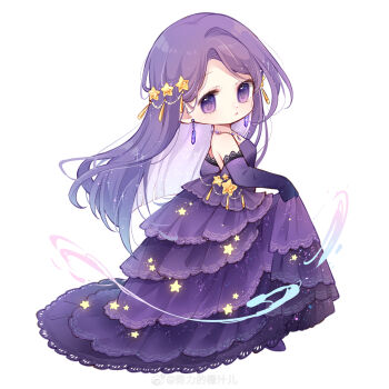 1girl absurdres bare_shoulders beads chibi chinese_commentary closed_mouth colored_inner_hair commentary_request dot_nose dress elbow_gloves expressionless eyelashes floating_hair gloves gown hair_beads hair_ornament highres jewelry lace lace-trimmed_dress lace-trimmed_gloves lace_trim light_blush light_frown light_particles long_dress long_hair looking_at_viewer magic miracle_nikki multicolored_hair necklace nikki_(series) nuli_de_chengzhi_er parted_bangs pendant_earring print_dress purple_dress purple_eyes purple_gloves purple_hair purple_shoes shoes simple_background skirt_hold solo standing star_(symbol) star_hair_ornament star_necklace star_print star_sea_(nikki) starry_sky_print strapless strapless_dress tareme very_long_hair white_background