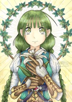 Rule 34 | 1girl, antenna hair, blunt bangs, braid, brown dress, brown gloves, commentary, dress, elbow gloves, english commentary, feolnir, flower, flower request, gloves, gradient background, green dress, green eyes, green hair, grey gloves, hands up, highres, holding, holding flower, leather, leather gloves, long hair, long sleeves, looking at viewer, low twin braids, multicolored dress, multicolored gloves, rishia ivyred, sidelocks, solo, straight-on, tate no yuusha no nariagari, tearing up, twin braids, two-tone gloves, upper body, v-shaped eyebrows, wavy mouth, white background, white dress, white flower, yellow background