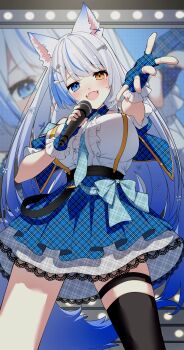 1girl absurdres animal_ears aqua_necktie black_thighhighs blue_eyes blue_gloves blue_hair blue_skirt blush breasts center_frills commission concert darjeeling_(reley) fingerless_gloves fork_hair_ornament frilled_shirt frills gloves hair_ornament hands_up heterochromia highres holding holding_microphone idol idol_clothes indie_virtual_youtuber knife_hair_ornament lace lace-trimmed_skirt lace_trim large_breasts long_hair looking_at_viewer lulebel microphone mole mole_under_eye multicolored_hair music necktie open_mouth reaching reaching_towards_viewer screen second-party_source shirt short_sleeves singing single_thighhigh skeb_commission skirt smile solo stage stage_lights streaked_hair suspenders thigh_strap thighhighs virtual_youtuber white_hair white_shirt wolf_ears yellow_eyes