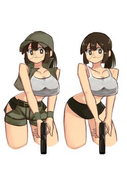 Rule 34 | belt, black panties, brown eyes, brown hair, crop top, field cap, fio germi, glasses, gun, hat, highres, holding, holding gun, holding weapon, metal slug, military, panties, ponytail, round eyewear, shorts, solo, tikuwabu 33, underwear, undressing, weapon, white background