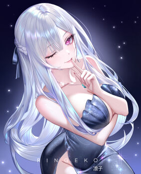 1girl absurdres ak-12_(girls'_frontline) alternate_costume arm_under_breasts artist_name braid breasts closed_mouth collarbone commentary cowboy_shot dress earrings evening_gown finger_to_mouth fingernails girls'_frontline gradient_background grey_hair groin half_up_braid hand_up highres jewelry large_breasts long_fingernails long_hair looking_at_viewer necklace no_panties one_eye_closed pink_eyes purple_background ringeko-chan shushing side_slit smile solo