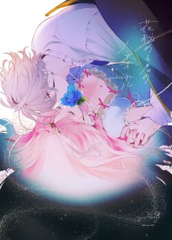 Rule 34 | 1boy, 1girl, absurdres, b etty01tm, blood, blood on hands, blood on shoulder, blue dress, blue flower, blue hair, blue rose, closed eyes, collar, commentary request, couple, covered mouth, dress, flower, frilled collar, frilled sleeves, frills, gem, gold tiara, gradient hair, hair between eyes, hana himeru kimi no meteor, heart-shaped gem, hetero, highres, interlocked fingers, kissing flower, lavi van valentin, long hair, multicolored hair, pink hair, plant, puffy sleeves, red eyes, red gem, rose, shirt, stella quinwich, thorns, vampire, very long hair, vines, white background, white hair, white shirt