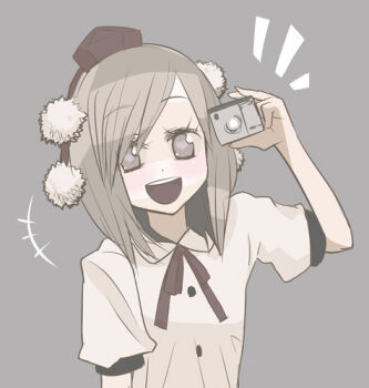 1girl blush camera female_focus hat looking_at_viewer lowres open_mouth shameimaru_aya short_hair smile solo tank_(artist) touhou