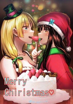 Rule 34 | 2girls, absurdres, aqua eyes, bare shoulders, blonde hair, breasts, brown hair, cake, christmas, cleavage, collarbone, commentary request, food, fruit, green hat, green ribbon, hair ribbon, hat, highres, long hair, looking at viewer, merry christmas, mini hat, multiple girls, okiku-san wa ichatsukitai, okiku (yunochiri04), orange eyes, ribbon, ryouyou hijiri, santa hat, strawberry, yuinochiri04, yuri