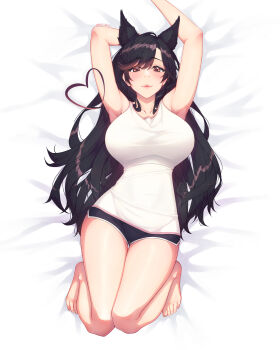 1girl absurdres alternate_costume animal_ears arm_behind_head armpits arms_up atago_(azur_lane) azur_lane bare_legs black_hair breasts commentary dolphin_shorts english_commentary highres large_breasts long_hair looking_at_viewer lying on_back rein_akane shirt shorts sleeveless sleeveless_shirt solo very_long_hair white_shirt yellow_eyes