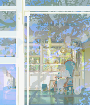 1girl absurdres antiquewhite book book_on_lap chair closed_eyes commentary_request elbow_rest from_outside full_body glass_jar grey_hair hand_rest hand_up highres indoors japanese_clothes kimono on_chair open_mouth original pile_of_books plant plate potted_plant scenery shelf short_hair sitting slippers smile solo striped_clothes striped_kimono vertical-striped_clothes vertical-striped_kimono white_kimono white_slippers window